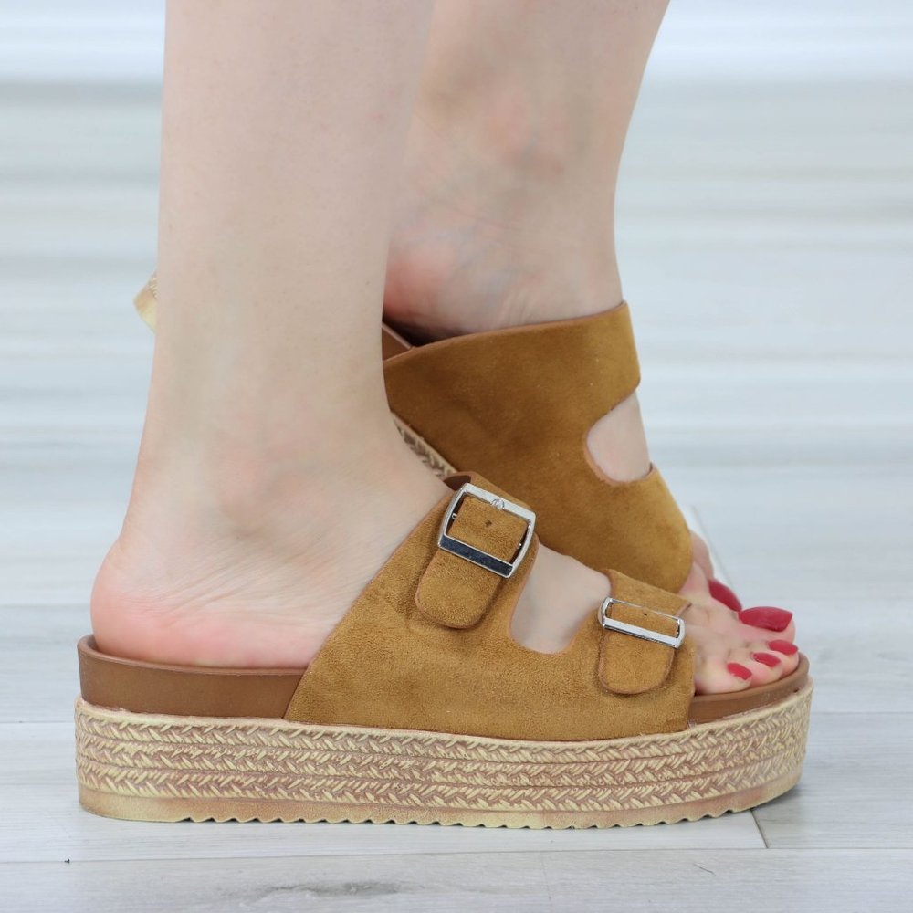 Suede Tan Double Straps Comfort Platform Sandal Slip On Sliders - Picture 13 of 13